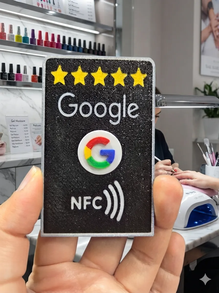 Tarjeta NFC de reseñas de Google en uso dentro de un salón de belleza